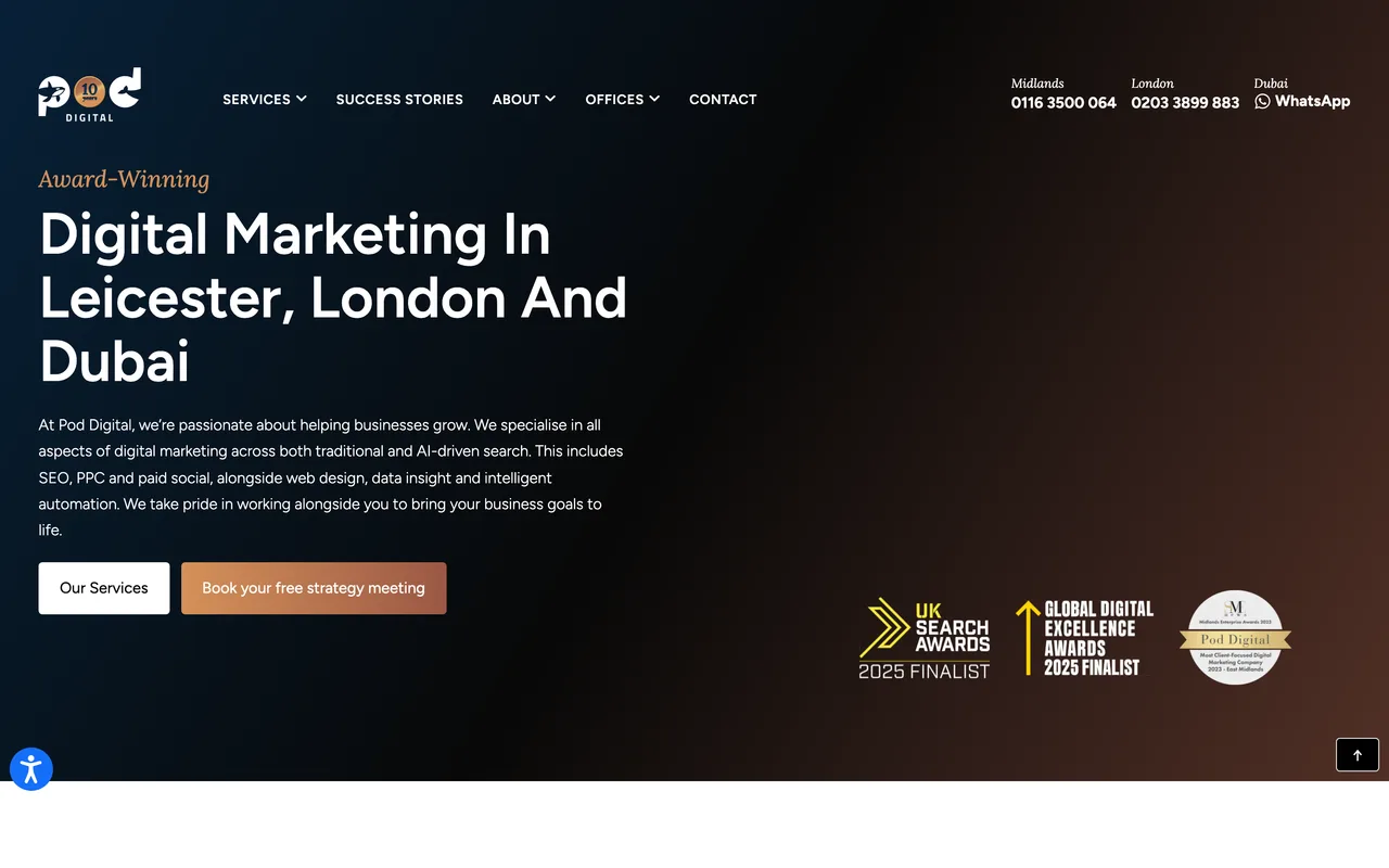 Pod Digital homepage screenshot, ROI-focused SEO