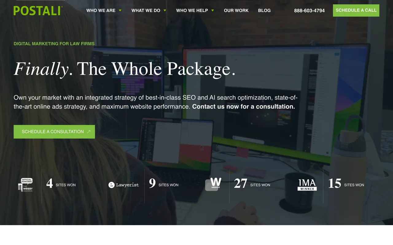 Postali homepage screenshot, Legal marketing and law firm web design