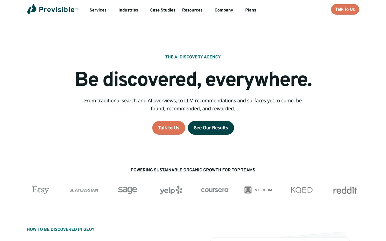 Previsible homepage screenshot, Enterprise AI search and SEO consulting