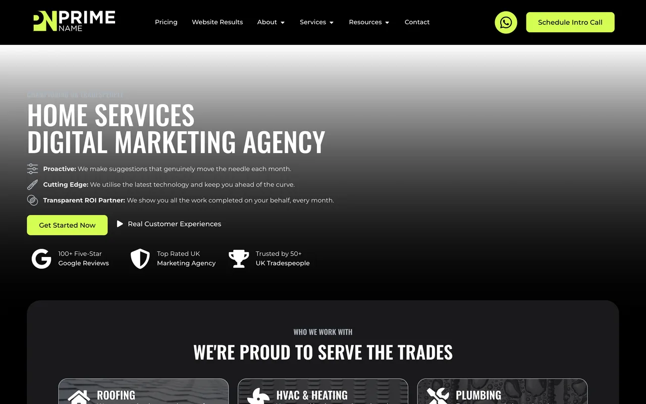 Prime Name homepage screenshot, Home services digital marketing for UK trades