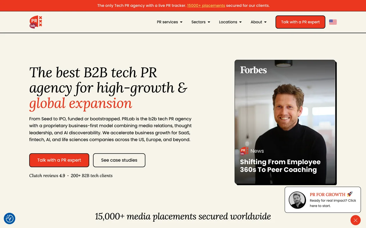PRLab homepage screenshot, B2B tech PR with media relations, thought leadership and AI discoverability