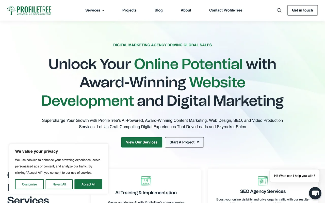 ProfileTree homepage screenshot, SEO, web design and content for SMEs