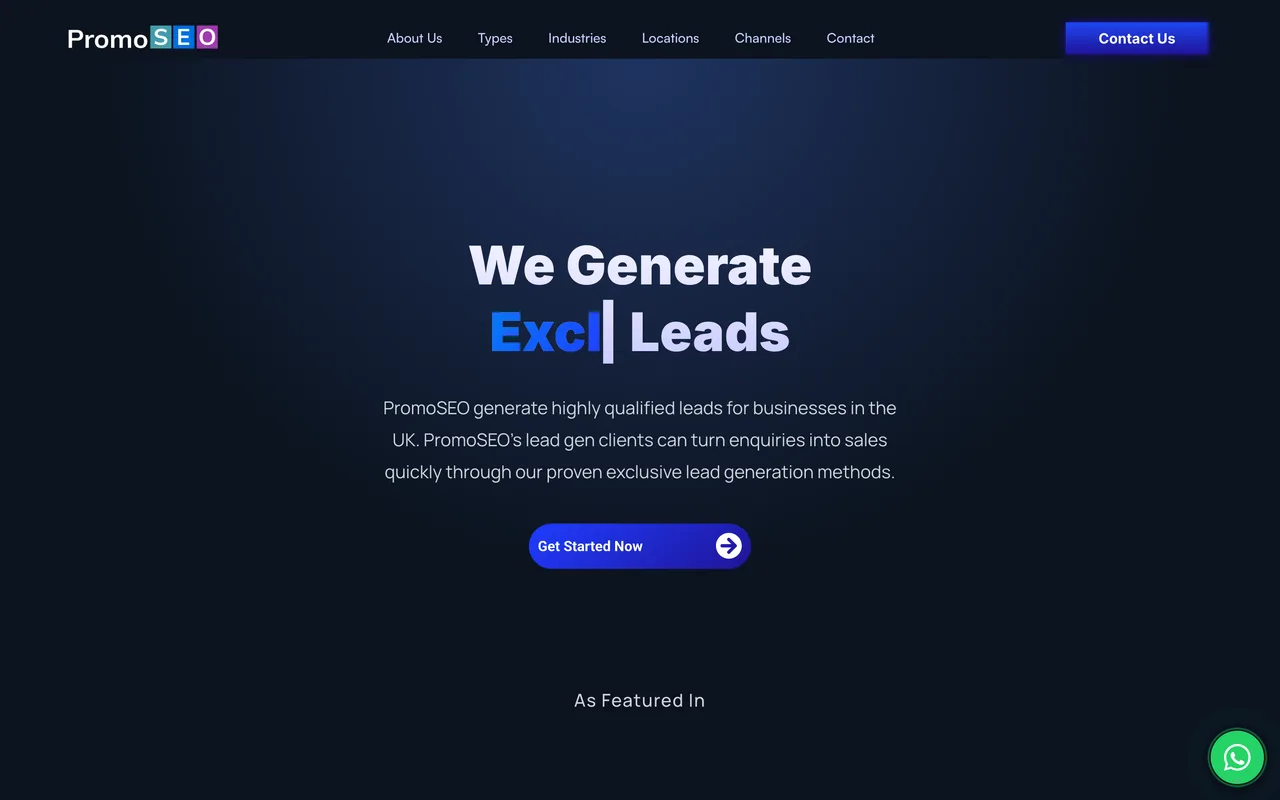 PromoSEO homepage screenshot, Performance-based lead generation for trade and building businesses