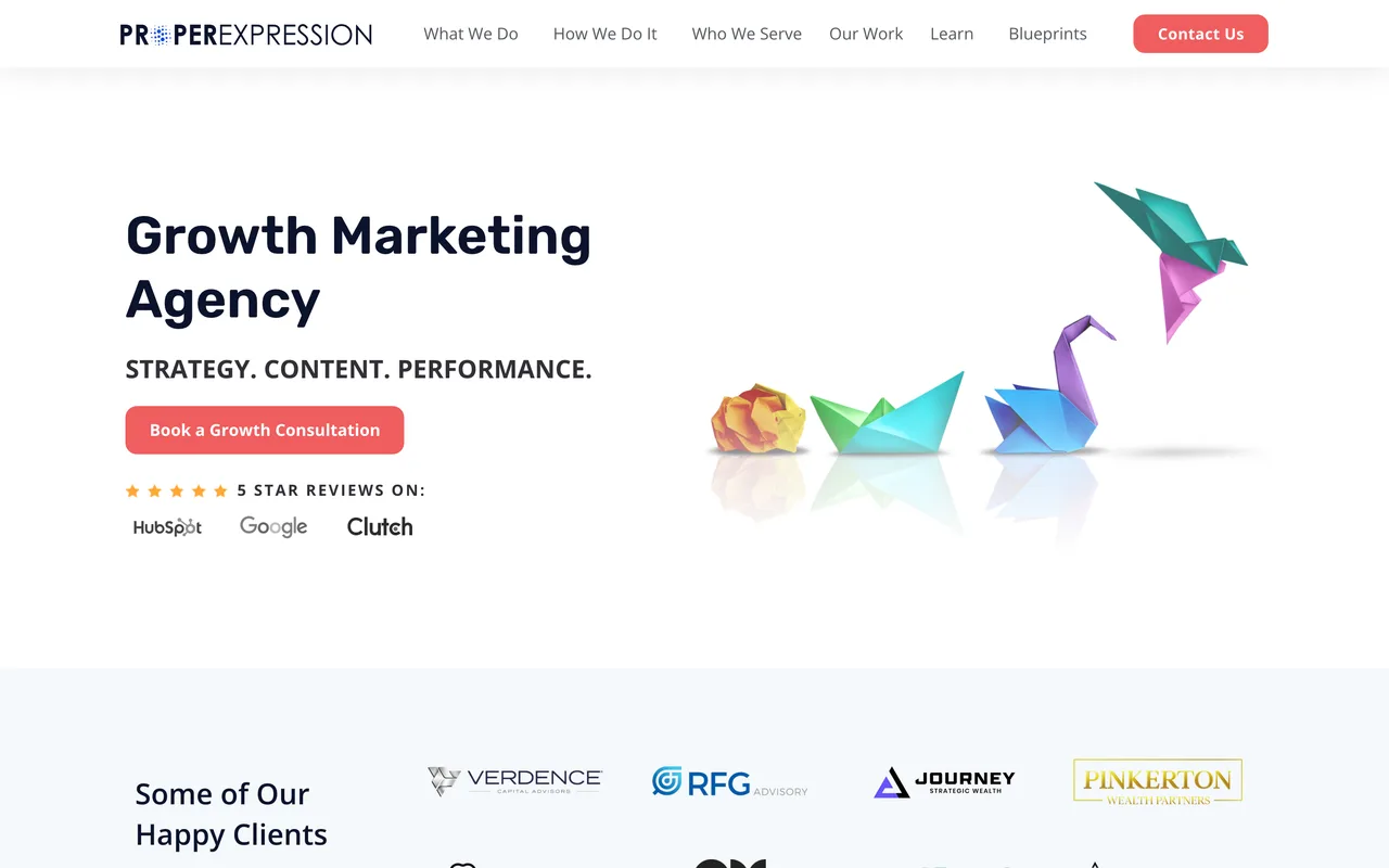 ProperExpression homepage screenshot, Healthtech software growth marketing with SEO