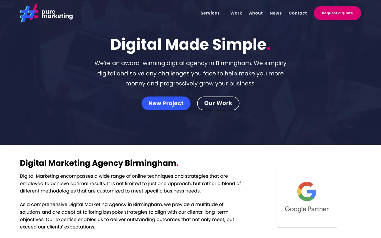 Pure Marketing homepage screenshot, Digital marketing, SEO and web design