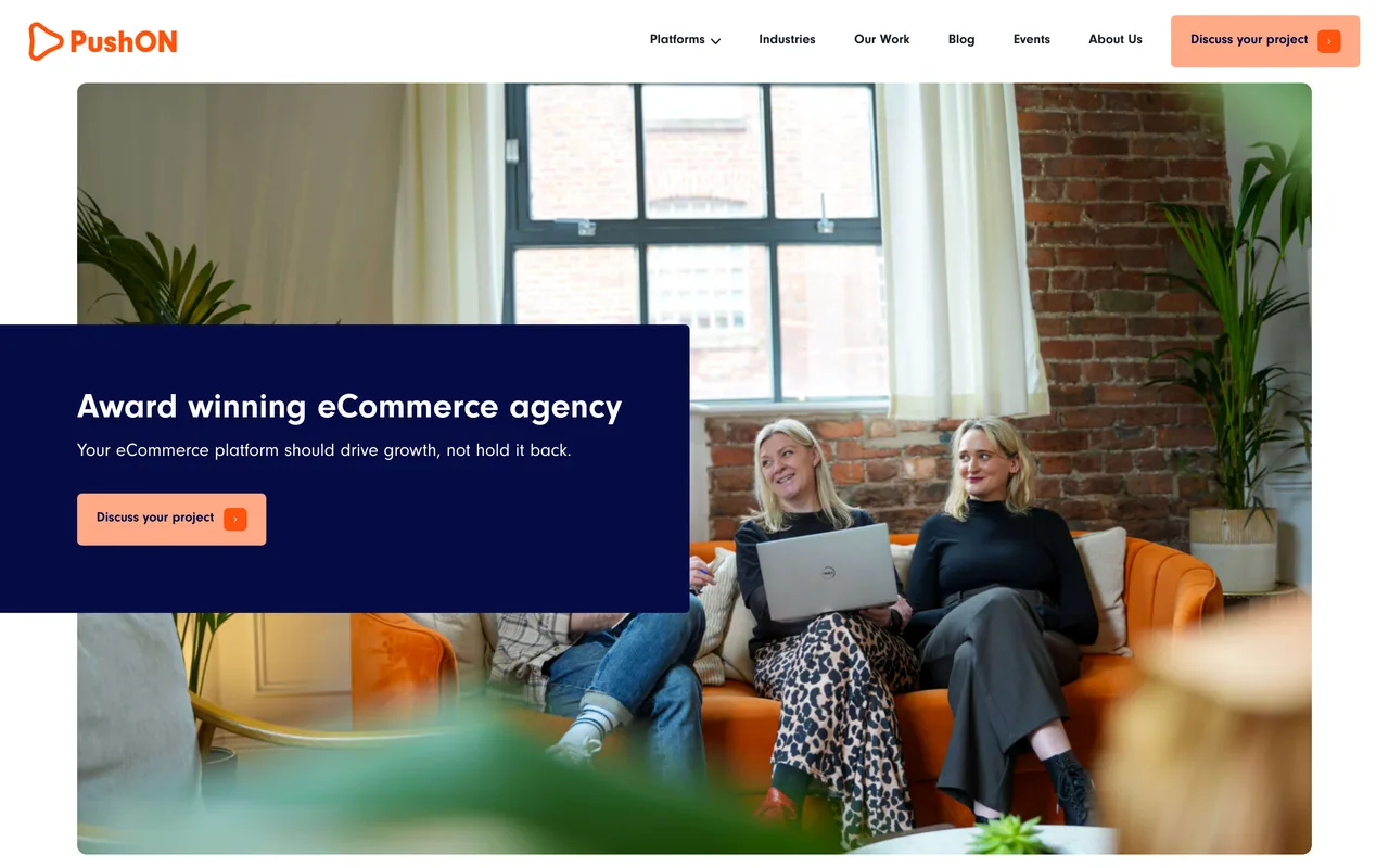 PushON homepage screenshot, Ecommerce SEO and Adobe Commerce builds