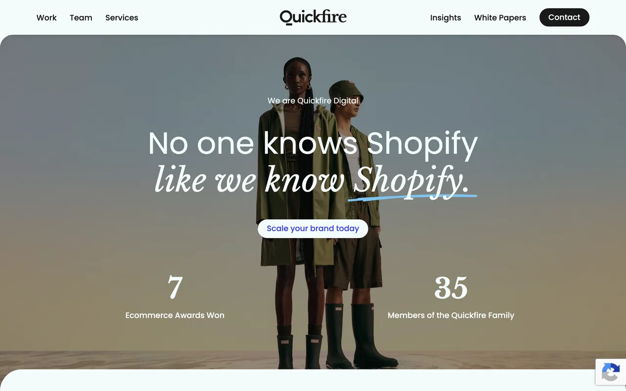 Quickfire Digital homepage screenshot, Shopify design, development and migrations