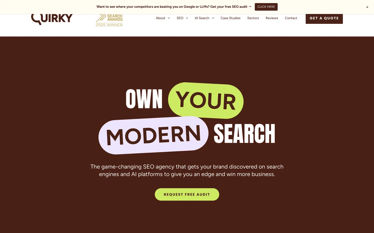 Quirky Digital homepage screenshot, SEO and Generative Engine Optimisation