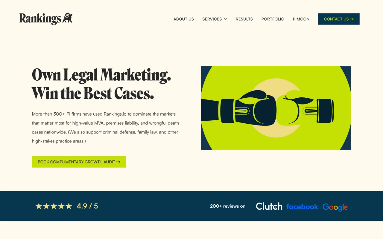 Rankings.io homepage screenshot, Law firm SEO and search marketing