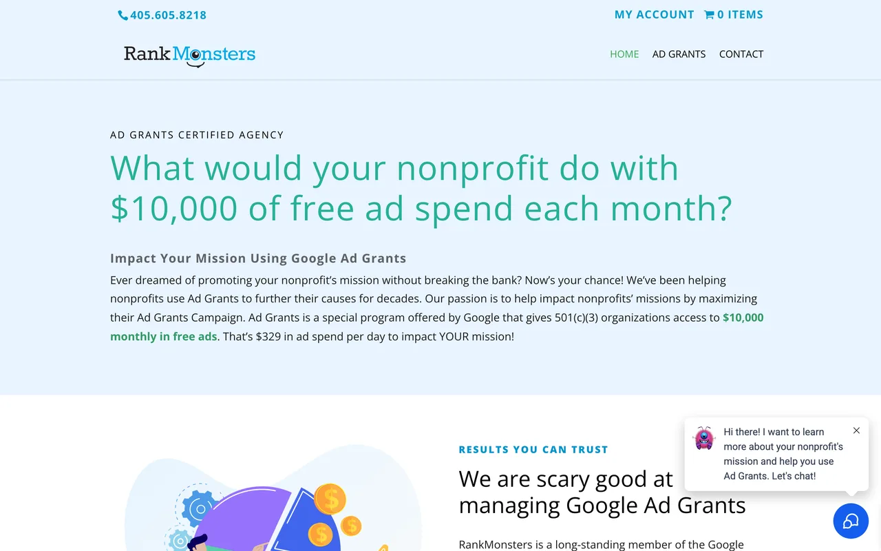 RankMonsters homepage screenshot, Google Ad Grants Certified agency with SEO and PPC