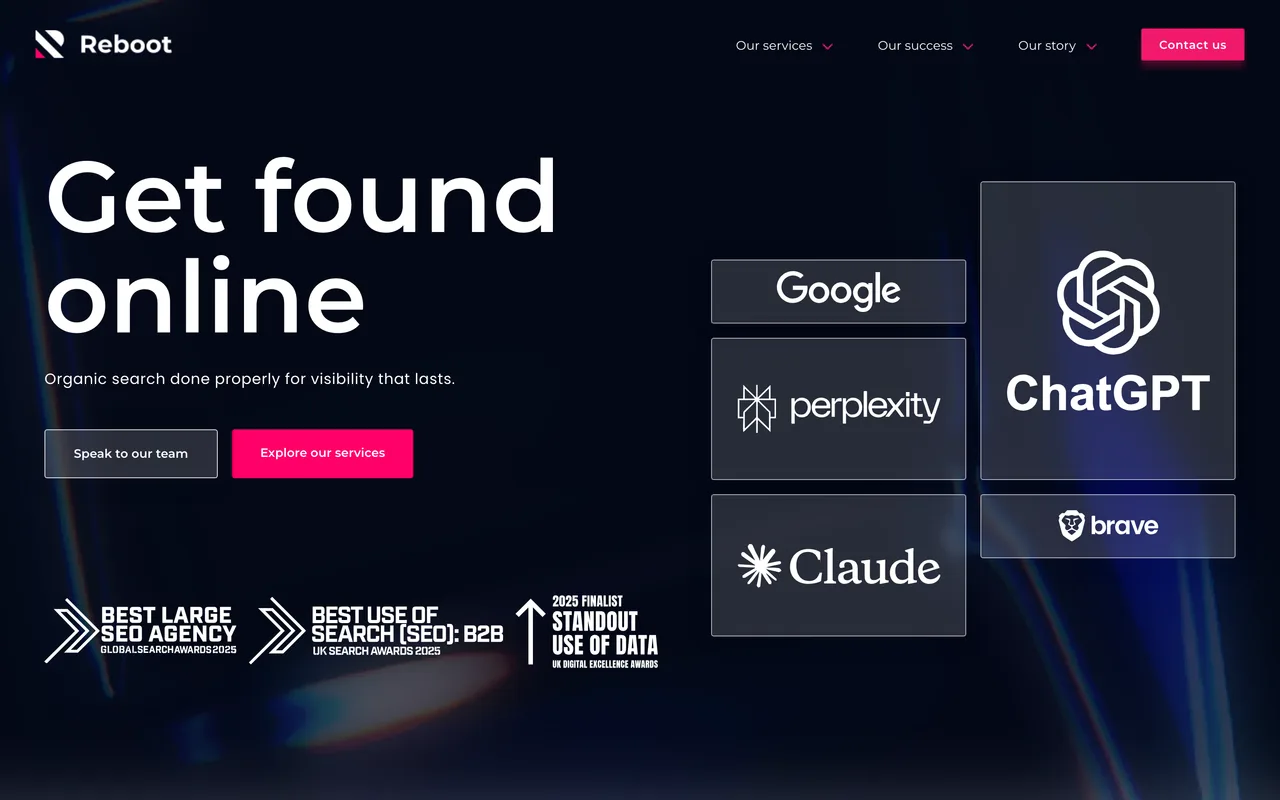 Reboot Online homepage screenshot, Research-led digital PR and earned links