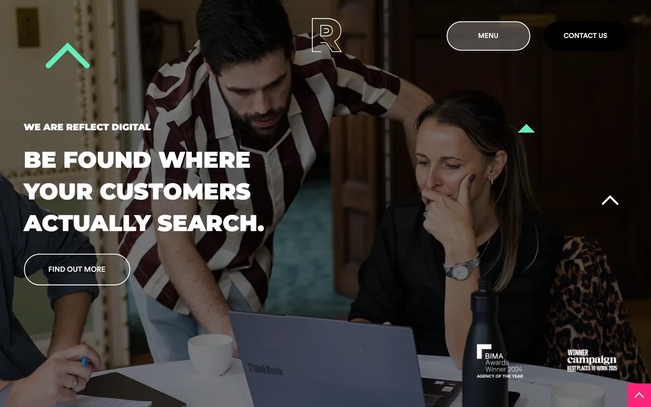 Reflect Digital homepage screenshot, Behaviour-led SEO and paid media with charity services