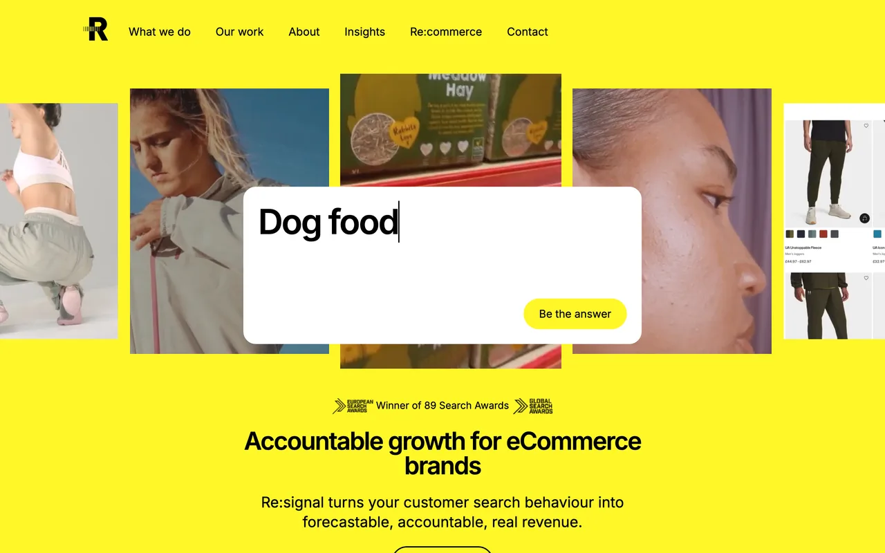 Re:signal homepage screenshot, Organic growth for ecommerce brands