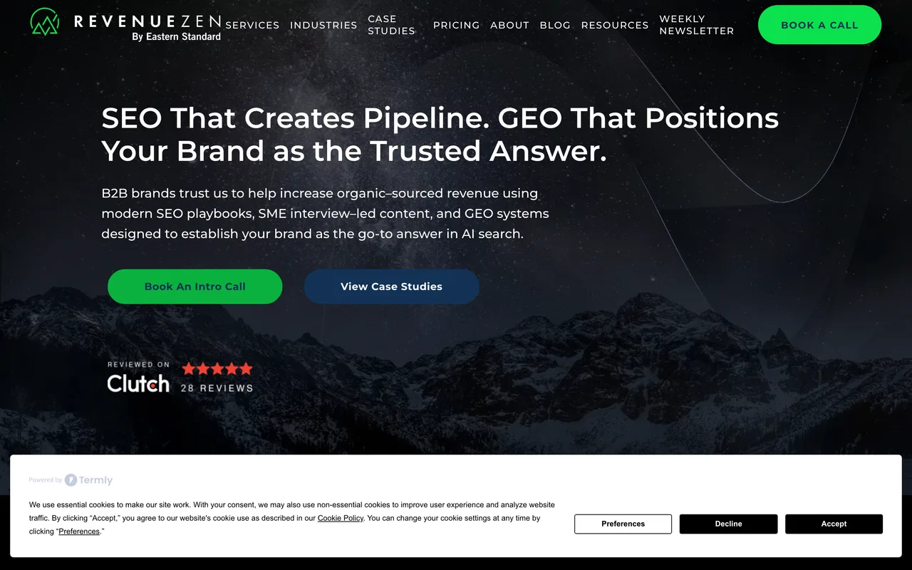 RevenueZen homepage screenshot, B2B SEO and generative engine optimisation