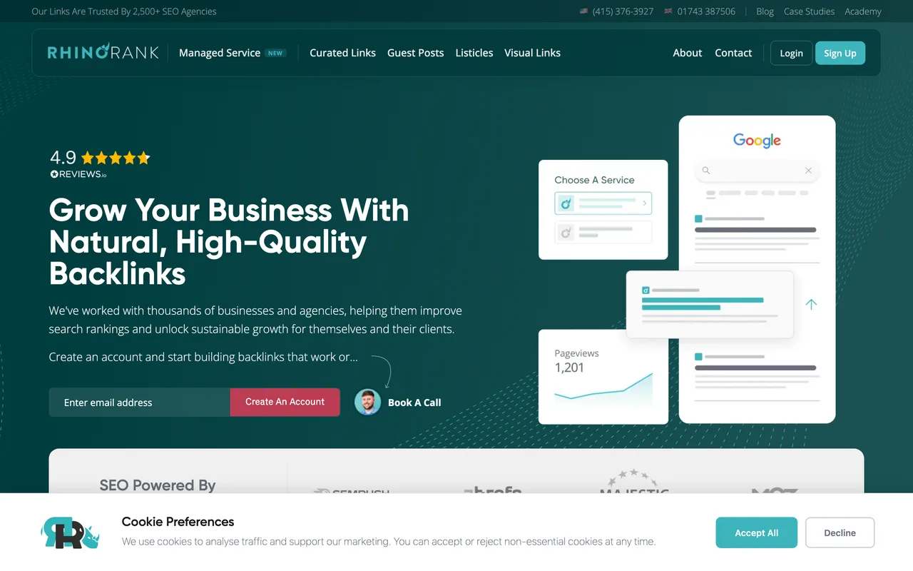 Rhino Rank homepage screenshot, Link building for lawyers and law firms