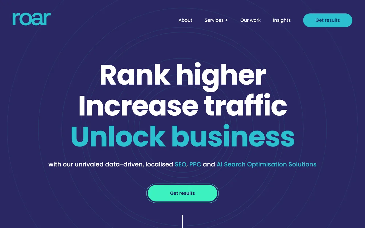 Roar Digital homepage screenshot, SEO and GEO for estate agents and property brands