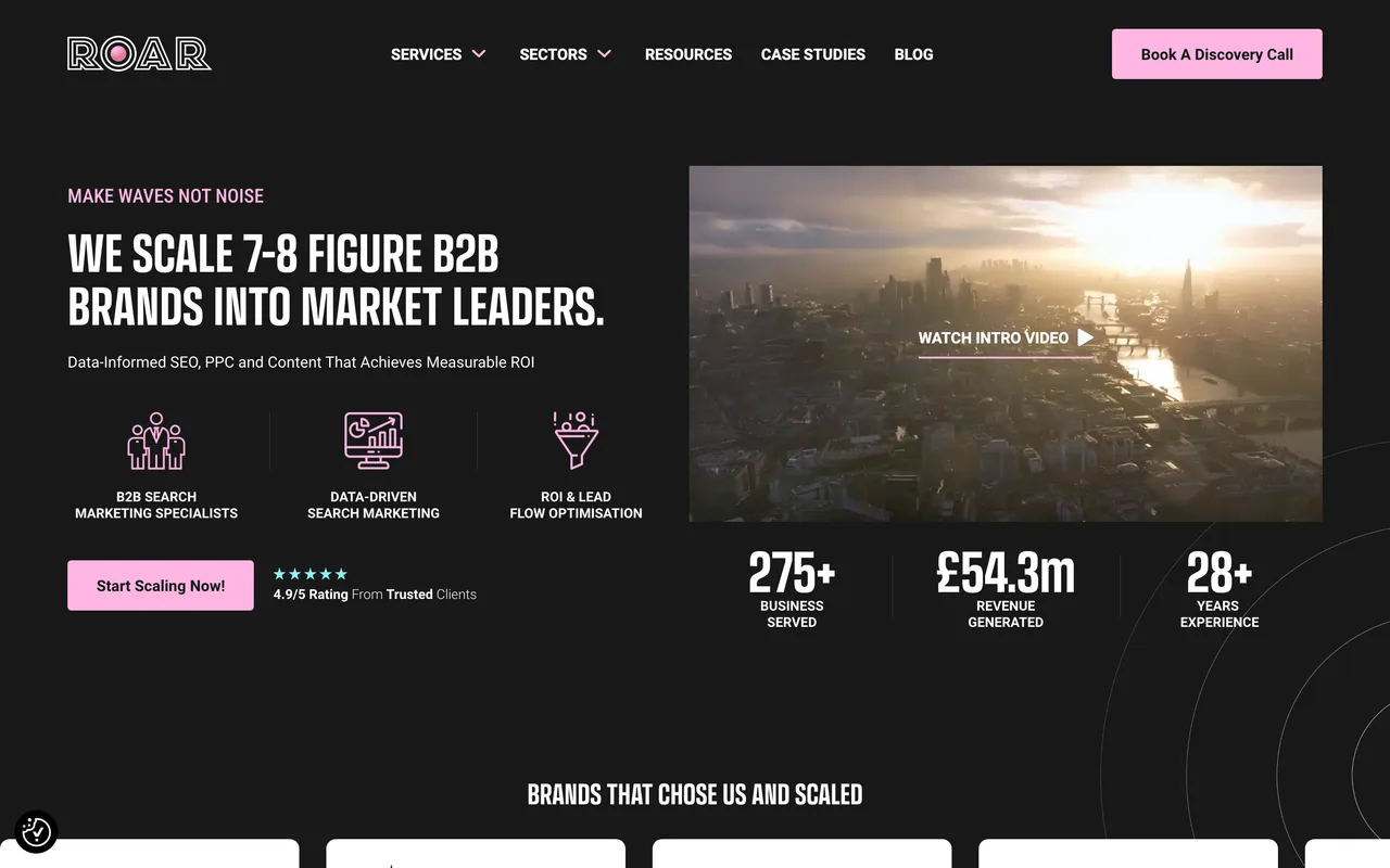 ROAR Digital Marketing homepage screenshot, Search-only agency with a dedicated insurance SEO sector