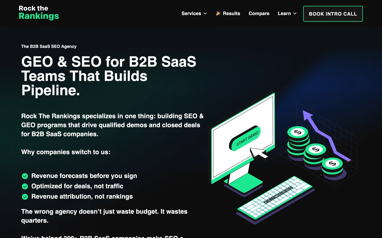 Rock The Rankings homepage screenshot, Healthtech and B2B SaaS SEO