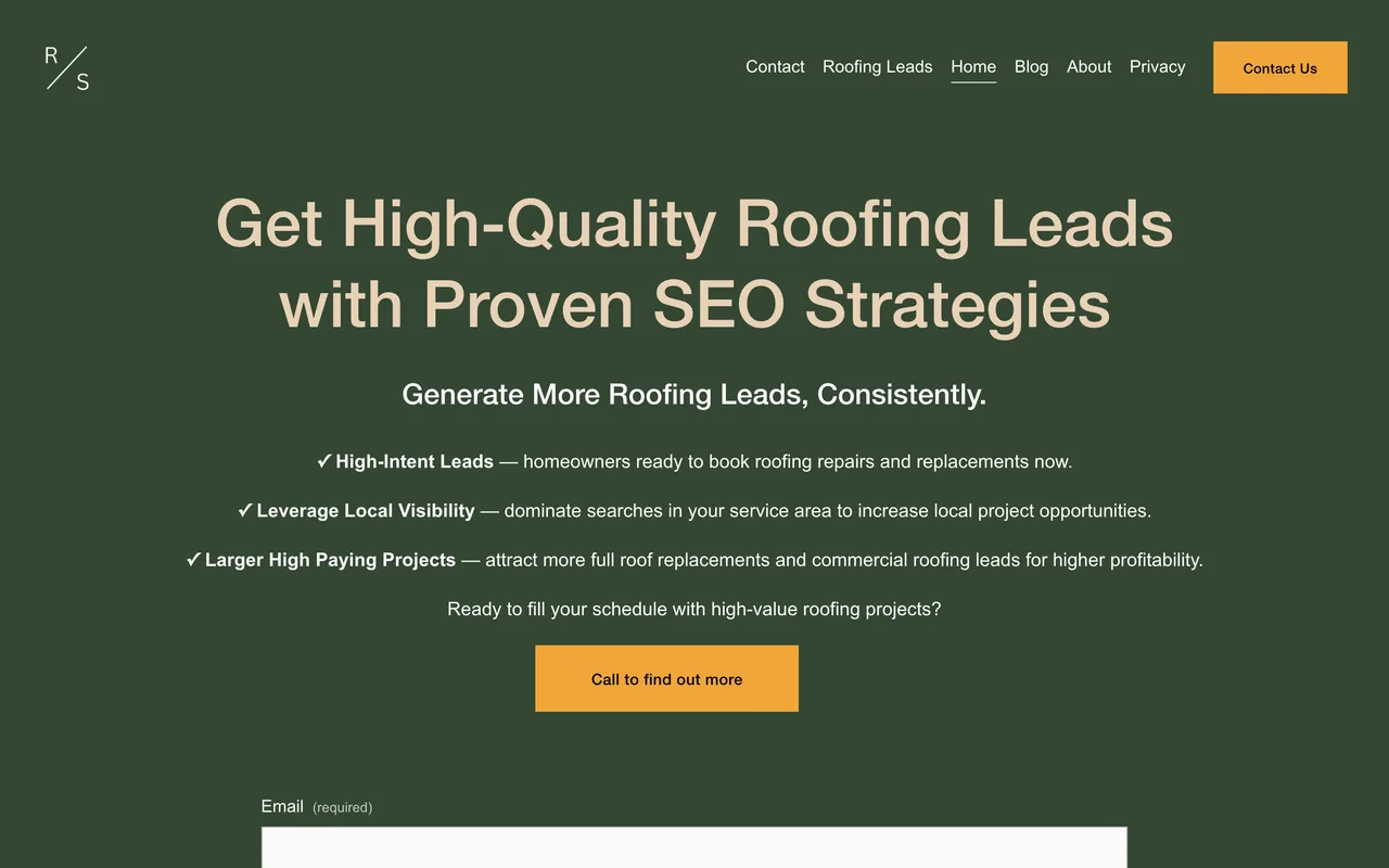 Roofers SEO homepage screenshot, SEO built only for roofing companies