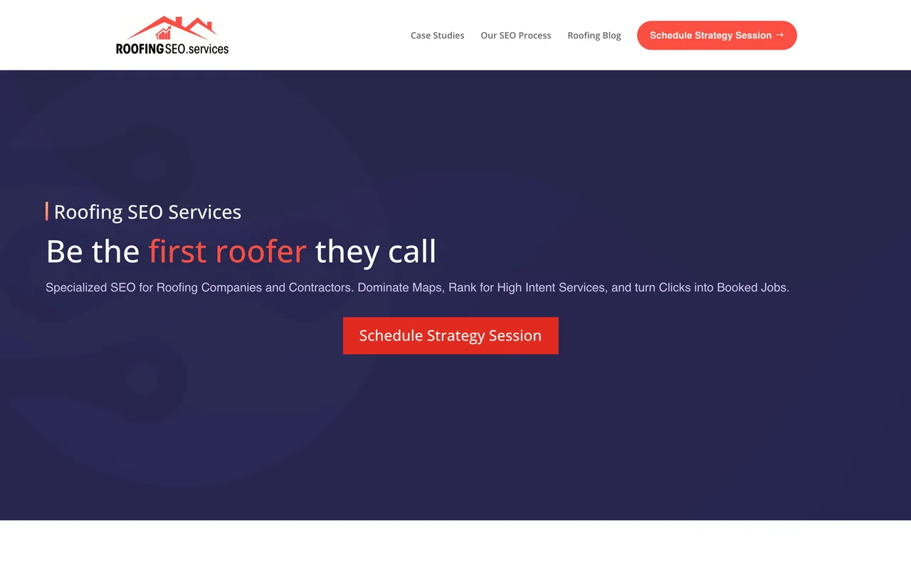 Roofing SEO Services homepage screenshot, Roofing-only SEO and local search