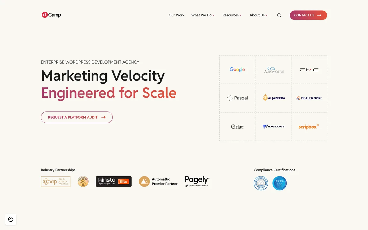 rtCamp homepage screenshot, Enterprise WordPress development and platform consolidation