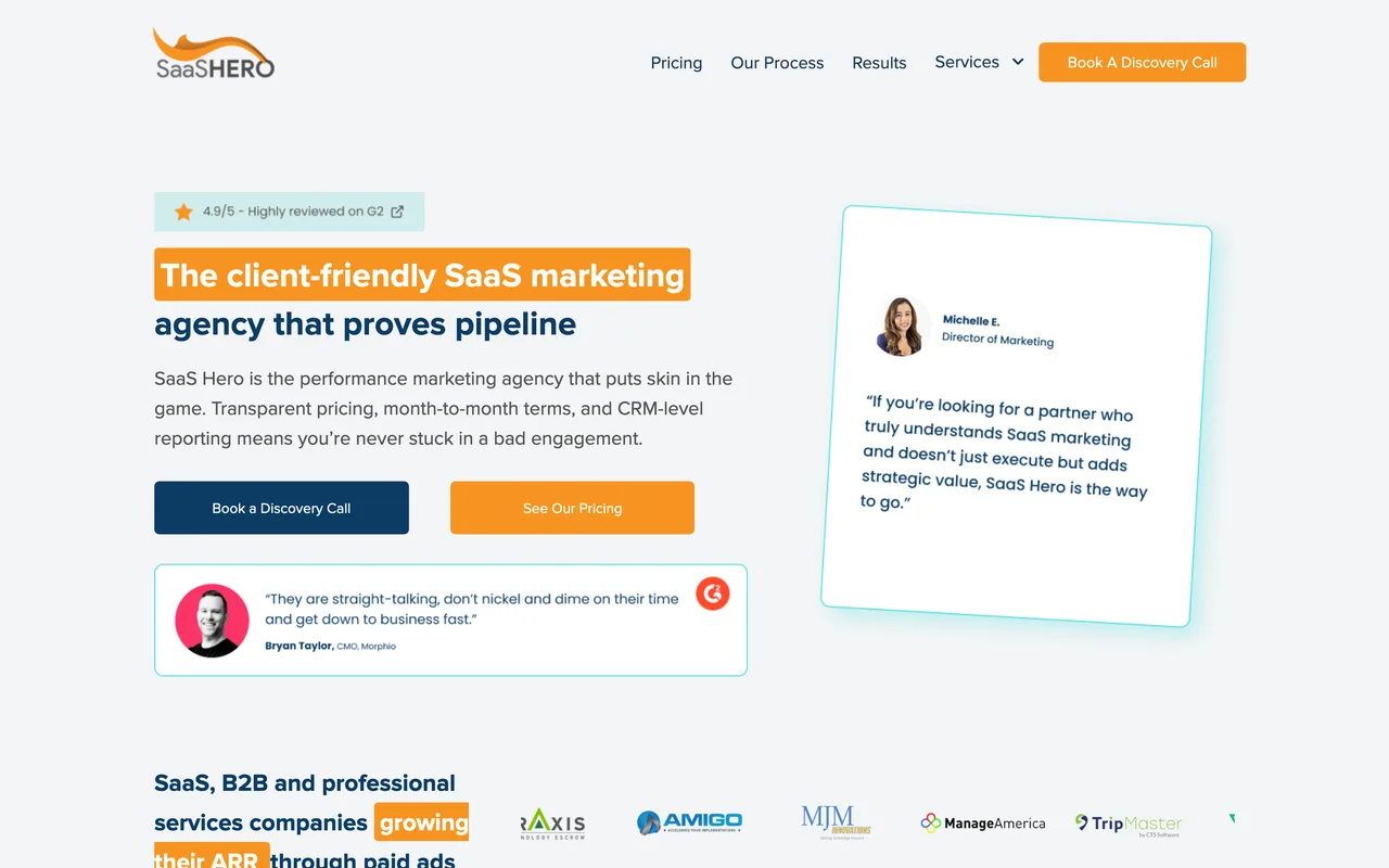 SaaS Hero homepage screenshot, B2B SaaS Google Ads with flat-fee pricing