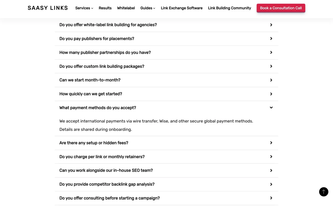 SAASY LINKS homepage screenshot, B2B SaaS editorial link building and digital PR