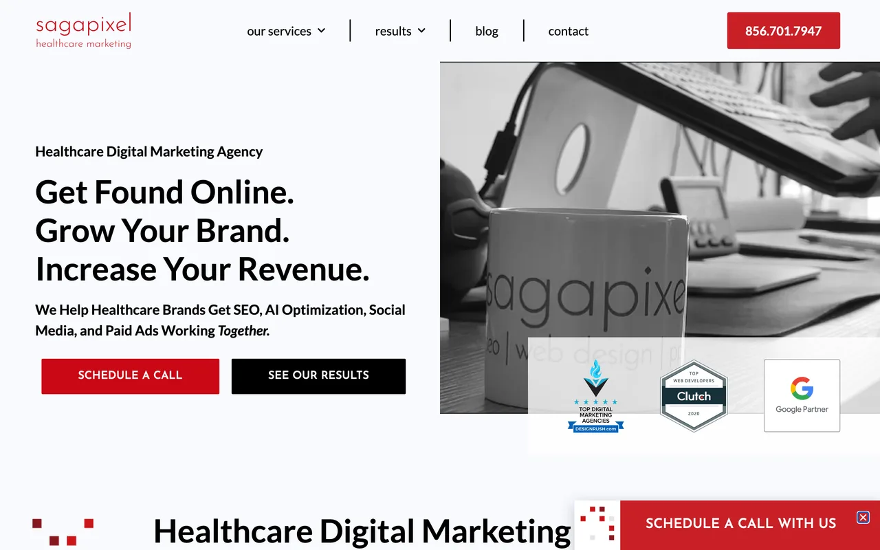 Sagapixel homepage screenshot, Healthcare digital marketing and SEO