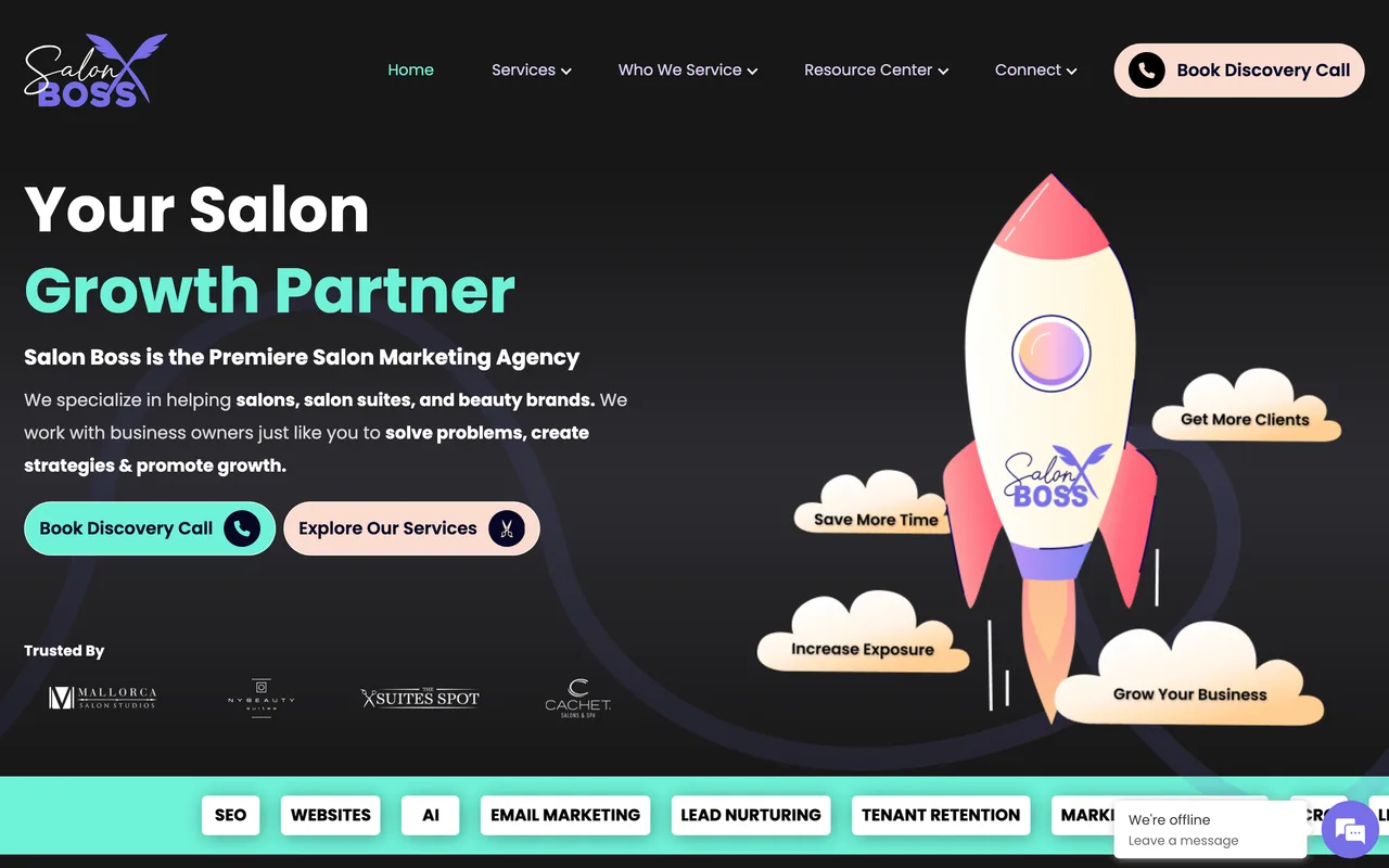 Salon Boss homepage screenshot, Salon and beauty SEO and marketing