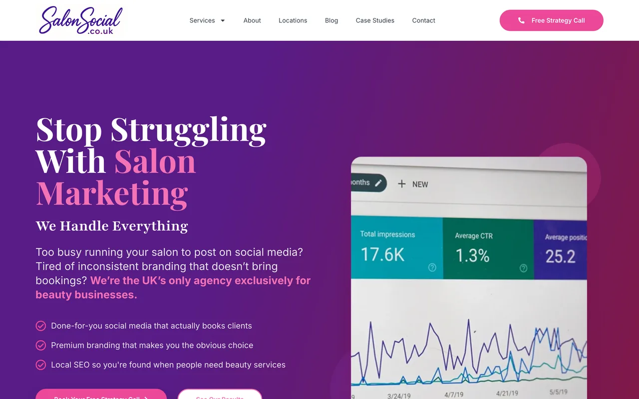 SalonSocials homepage screenshot, Local SEO and social media for beauty businesses