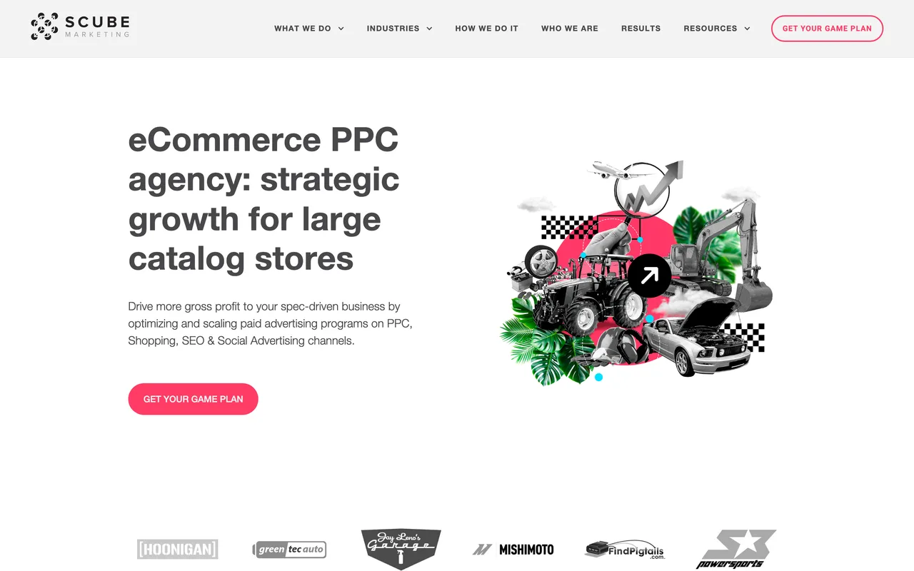 SCUBE Marketing homepage screenshot, Ecommerce PPC for large-catalogue retailers