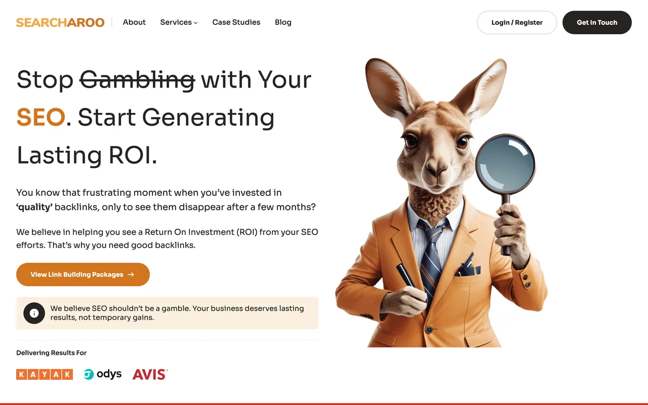 Searcharoo homepage screenshot, Link building packages and white-label SEO