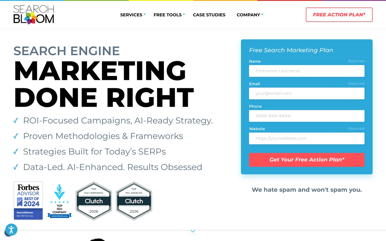 Searchbloom homepage screenshot, Ecommerce and Shopify SEO plus PPC