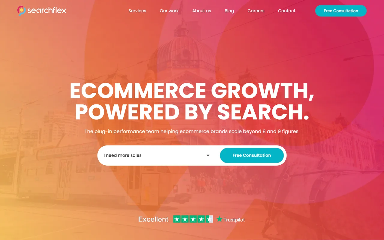 Searchflex homepage screenshot, Ecommerce SEO for fast-scaling D2C brands, including WooCommerce