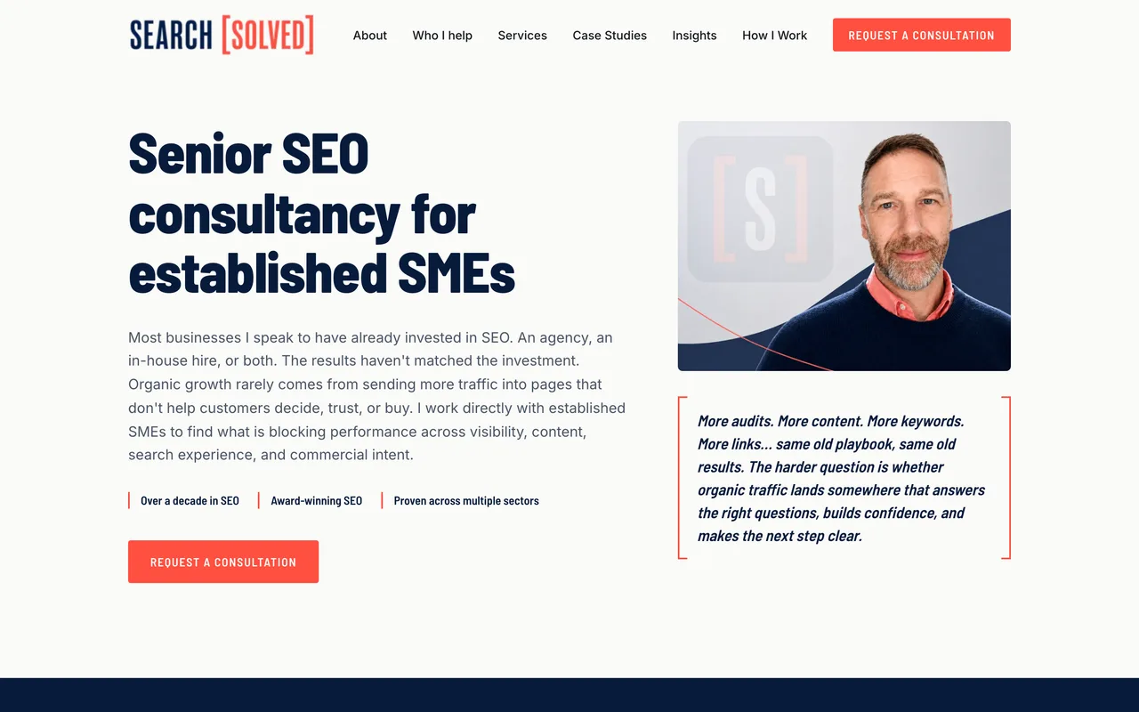 Search Solved homepage screenshot, Senior SEO consultancy