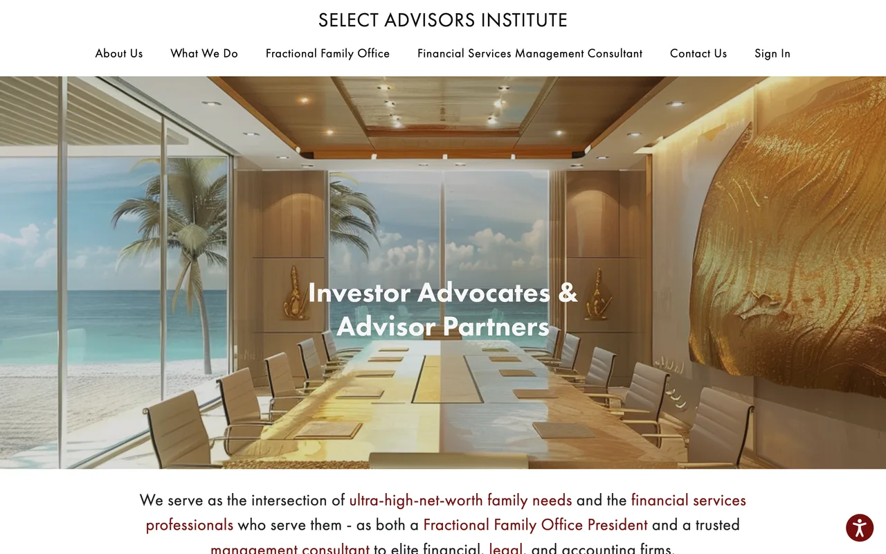 Select Advisors Institute homepage screenshot, Integrated SEO within growth consulting for RIAs and wealth firms