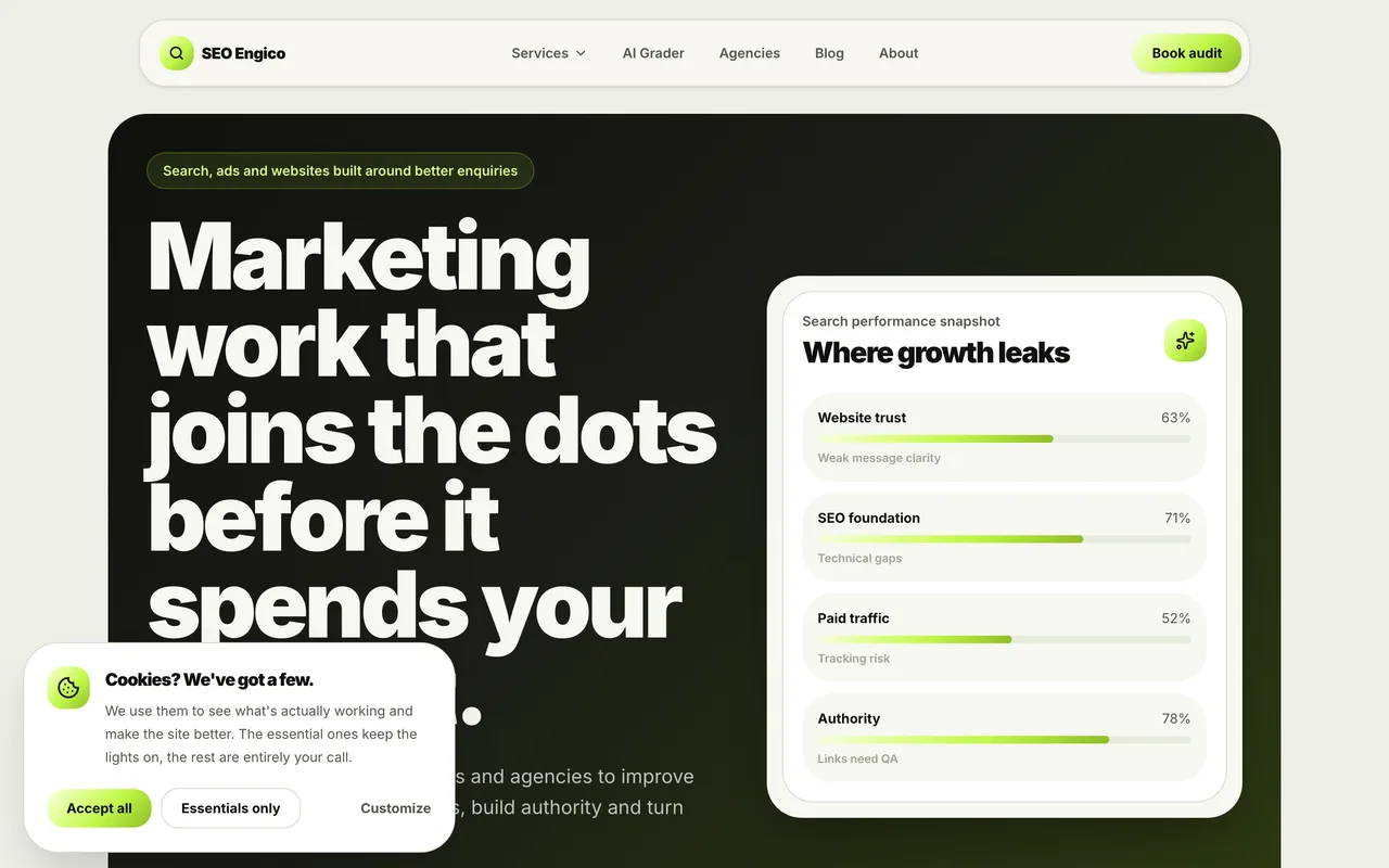SEO Engico homepage screenshot, SaaS SEO and product-led organic growth