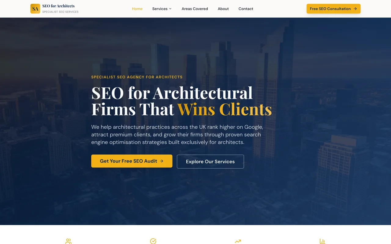 SEO for Architects homepage screenshot, SEO exclusively for architectural firms