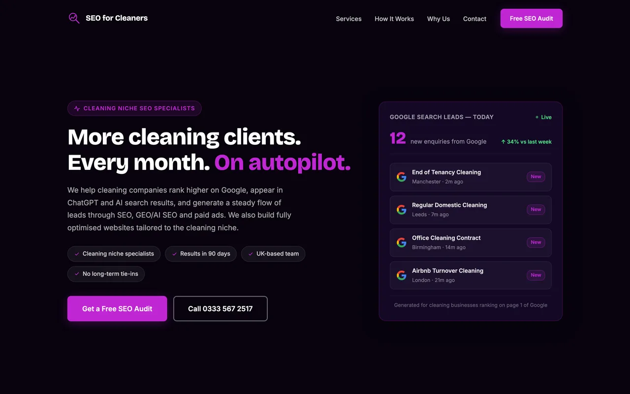 SEO For Cleaners homepage screenshot, SEO and lead generation exclusively for cleaning companies
