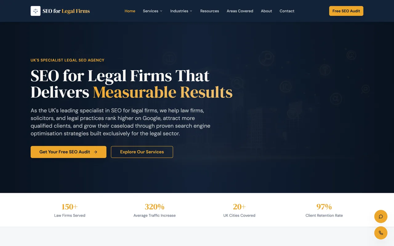 SEO for Legal Firms homepage screenshot, SEO exclusively for law firms and solicitors