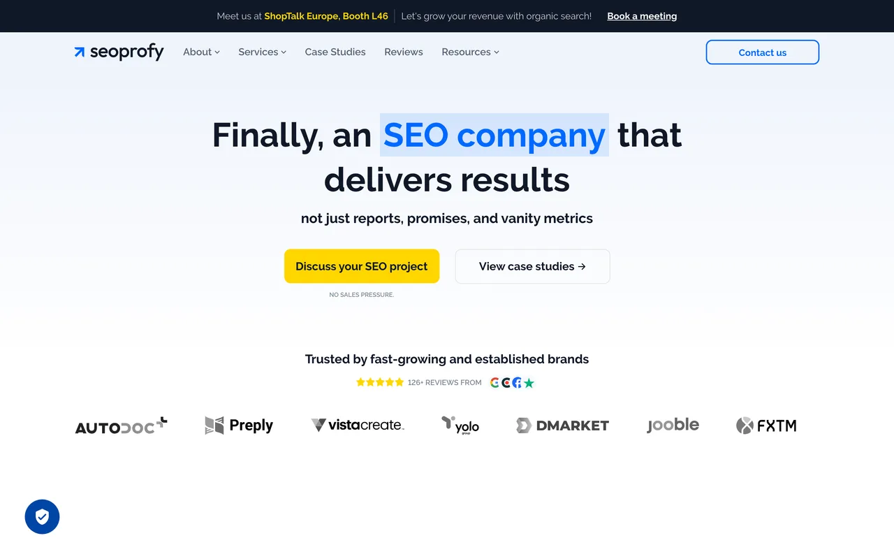 SeoProfy homepage screenshot, Revenue-focused SEO with full-process link building