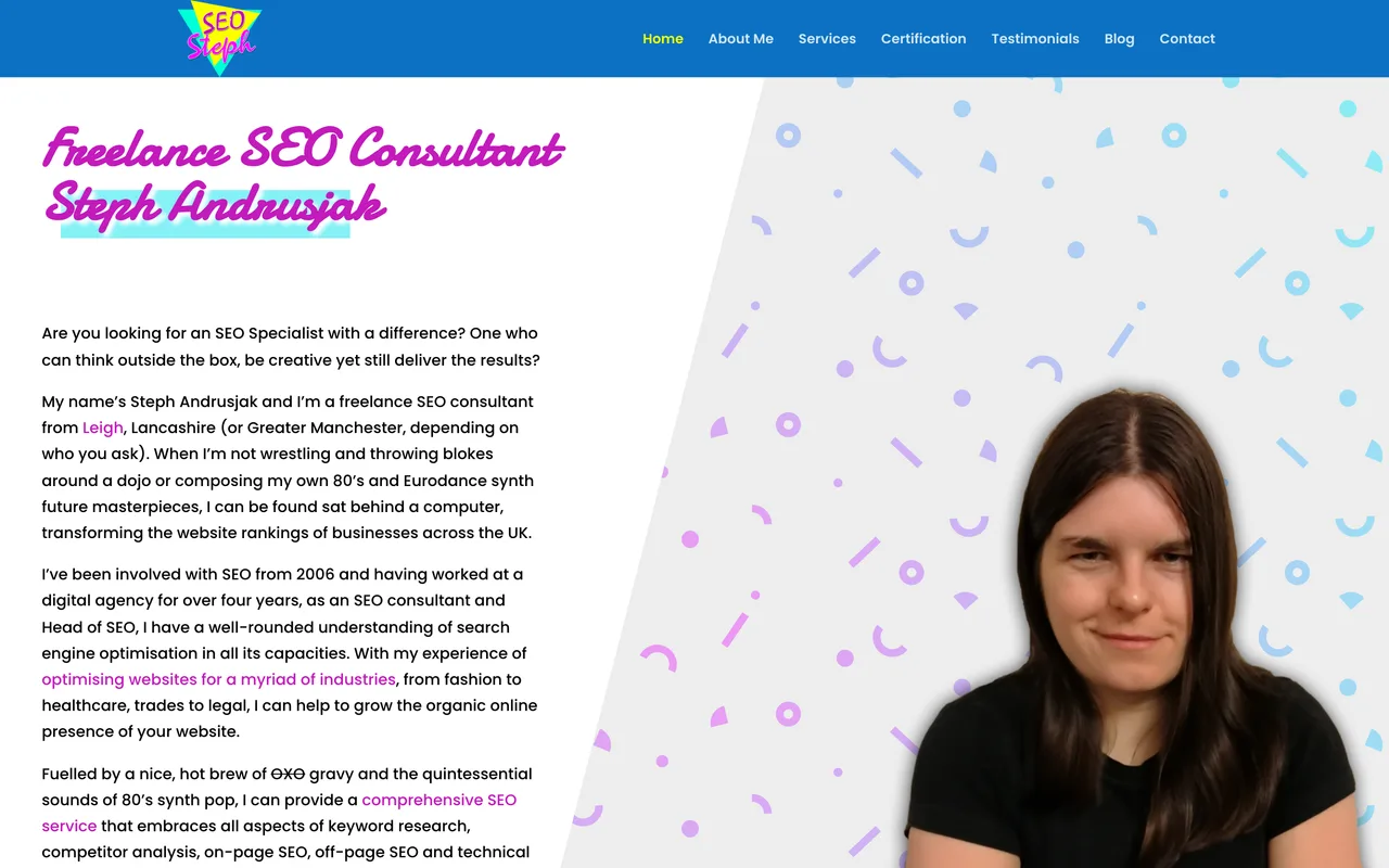 Steph Andrusjak homepage screenshot, Full-service SEO and white-label SEO for agencies