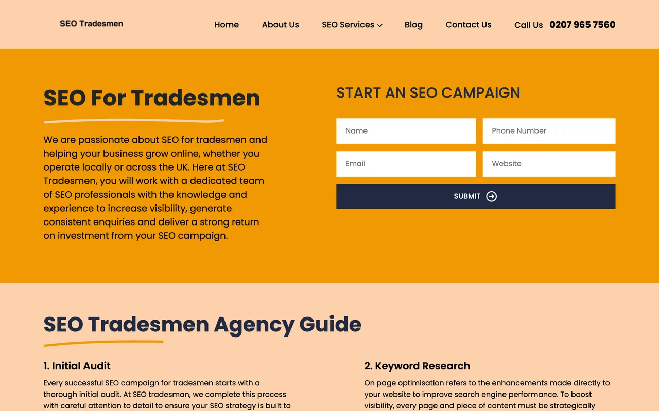 SEO Tradesmen homepage screenshot, SEO for tradesmen
