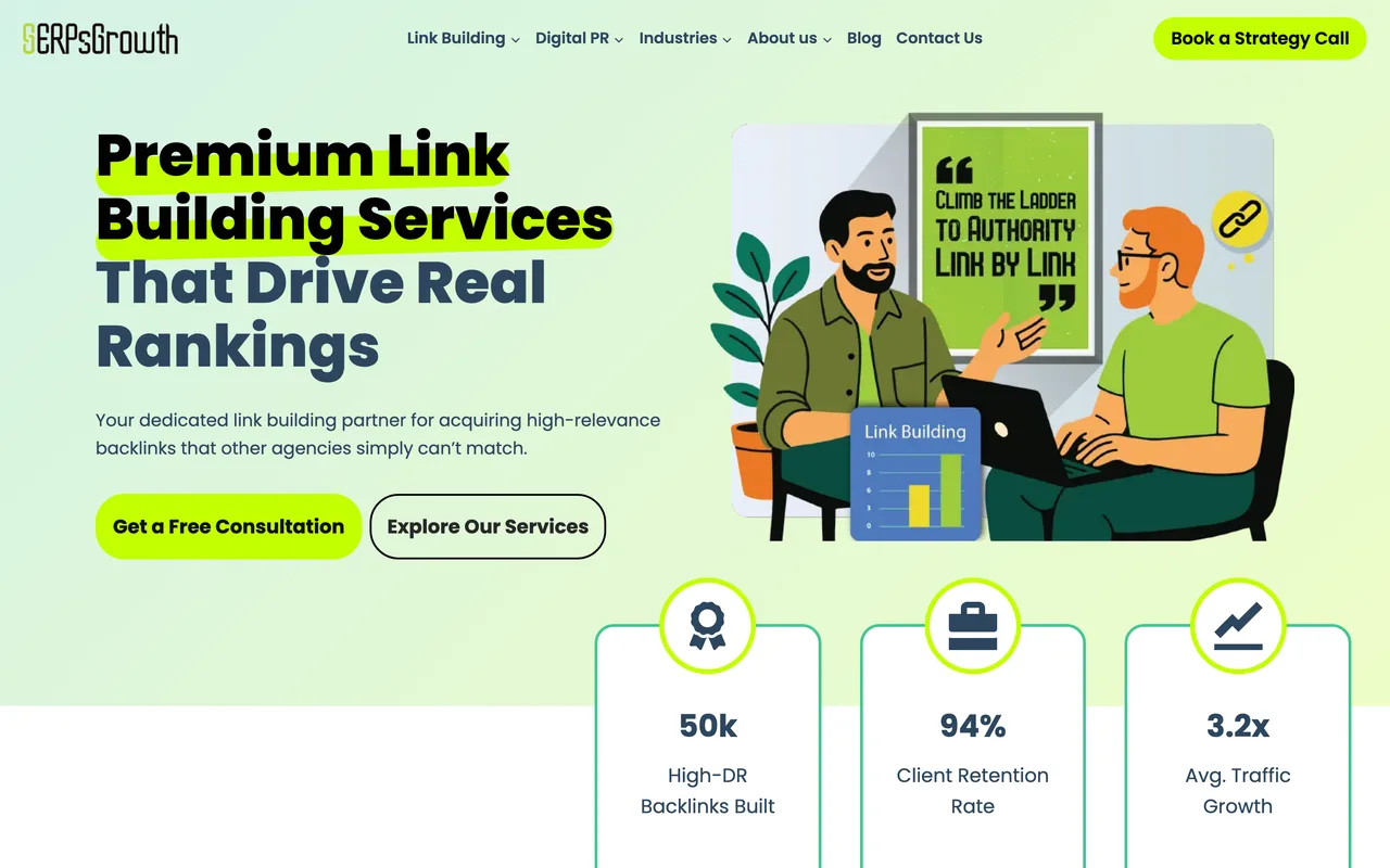 SERPsGrowth homepage screenshot, Link building with a dedicated real estate service