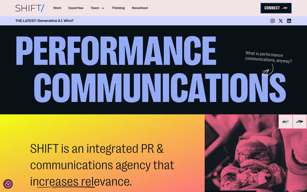 SHIFT Communications homepage screenshot, Integrated B2B PR and earned media that drives demand