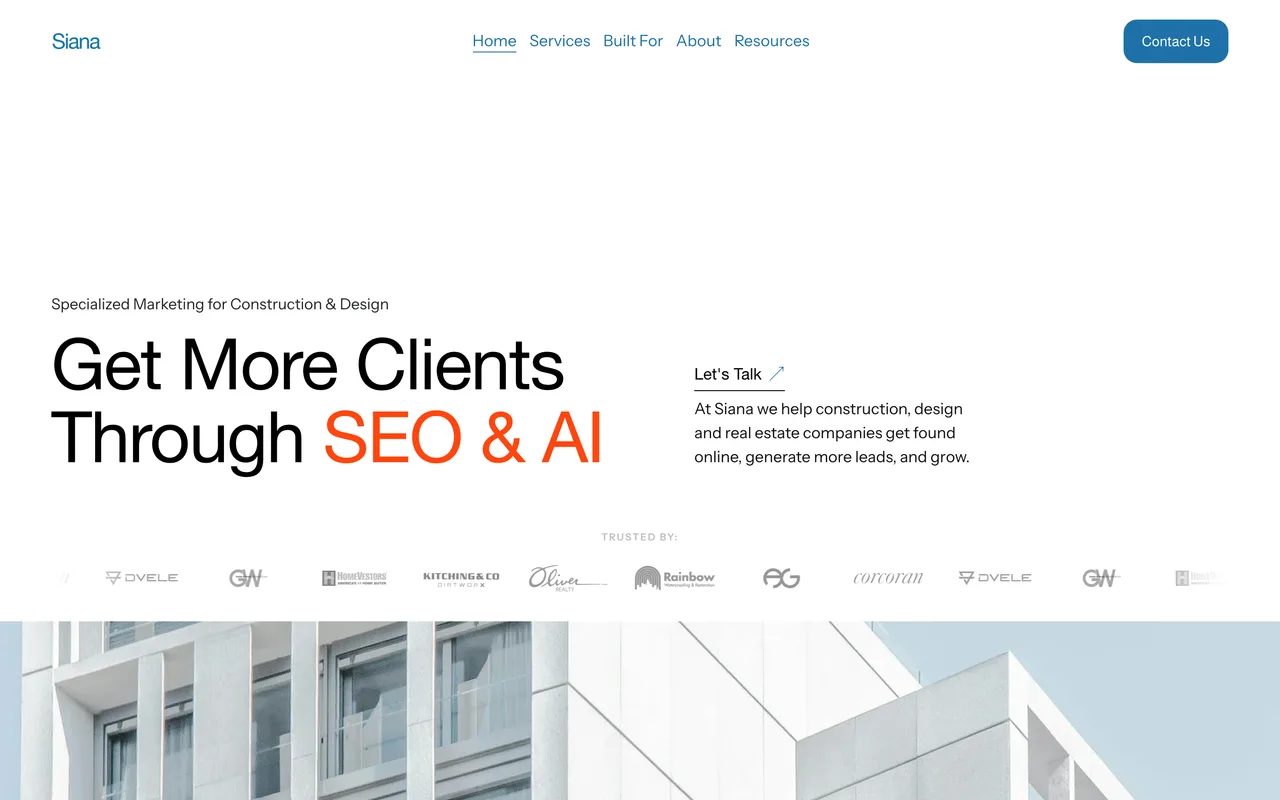 Siana Marketing homepage screenshot, SEO, GEO and AI visibility for architecture and design firms