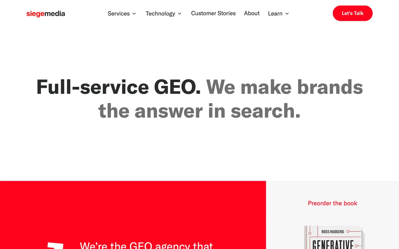 Siege Media homepage screenshot, Generative Engine Optimization and content