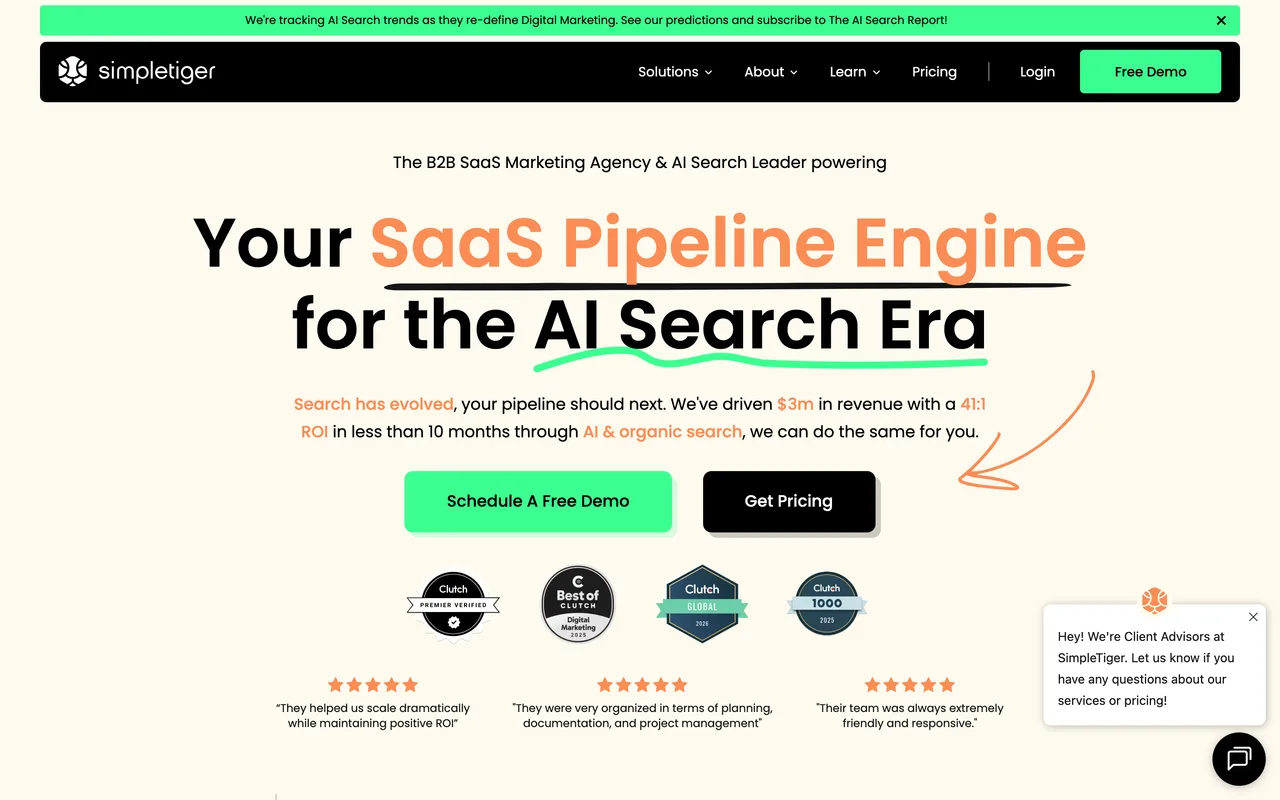 SimpleTiger homepage screenshot, B2B SaaS SEO and PPC