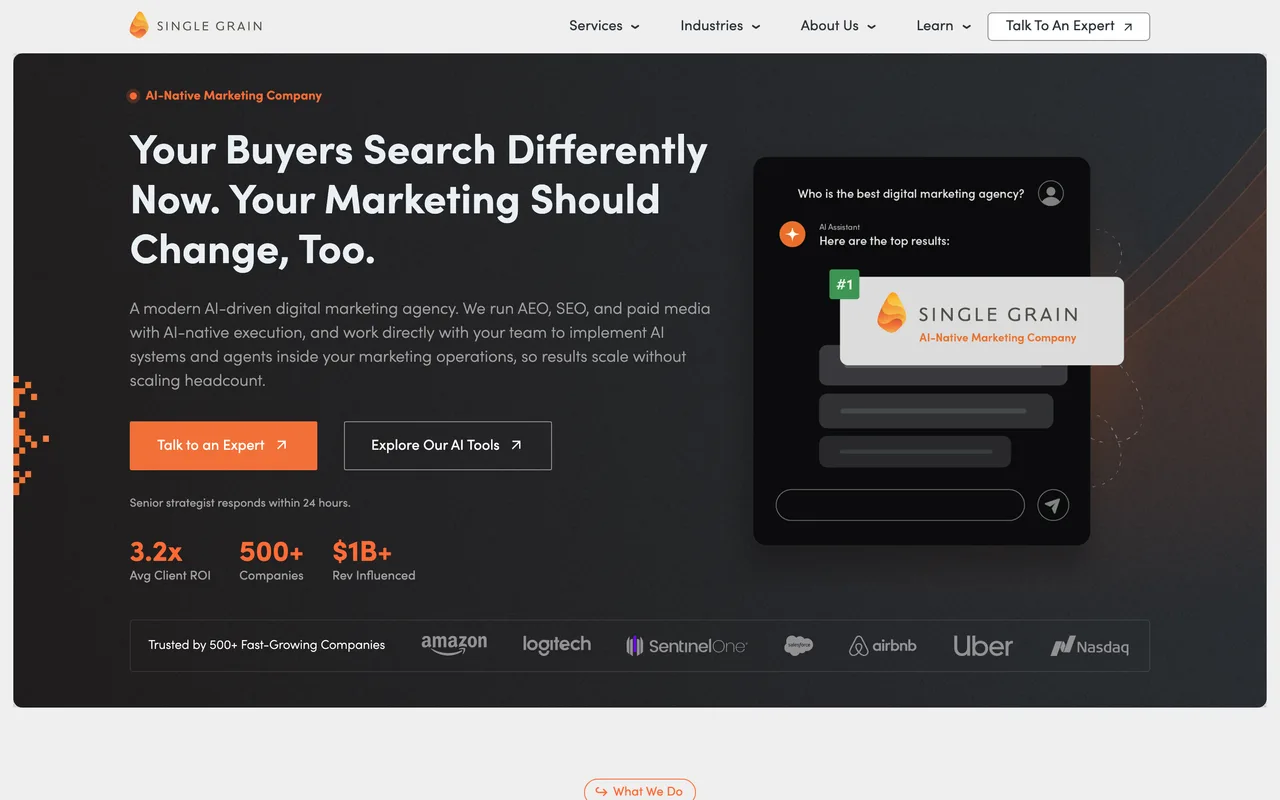 Single Grain homepage screenshot, AEO, GEO and LLM SEO