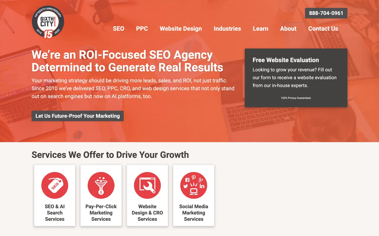 Sixth City Marketing homepage screenshot, ROI-focused SEO with a dedicated AEC marketing practice